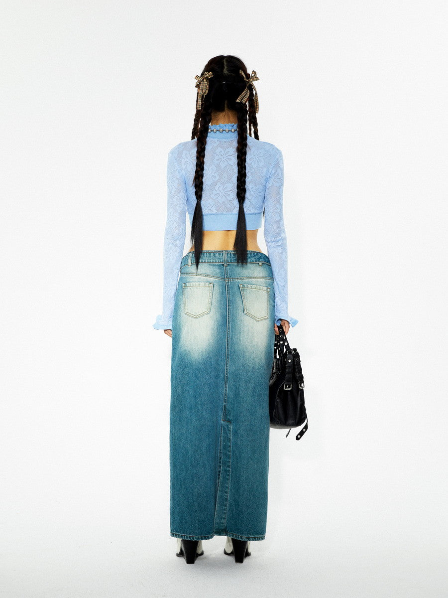 Faded-Denim Pencil-Skirt Casual Maxi Long-Skirt