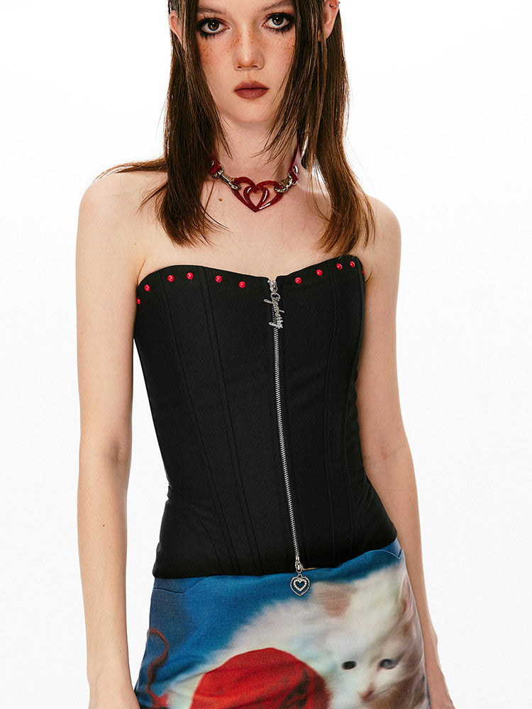 Lace-Up Slim Zip Bustier Bare-Top