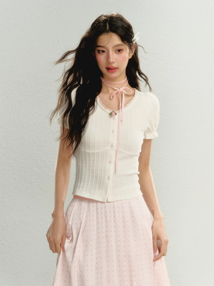 Candy-Sleeve Rose Slim Lace Summer-Knit