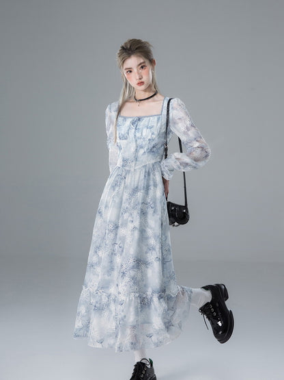 Tie-Dye Flower Tiered Square-Neck Sheer Long Dress