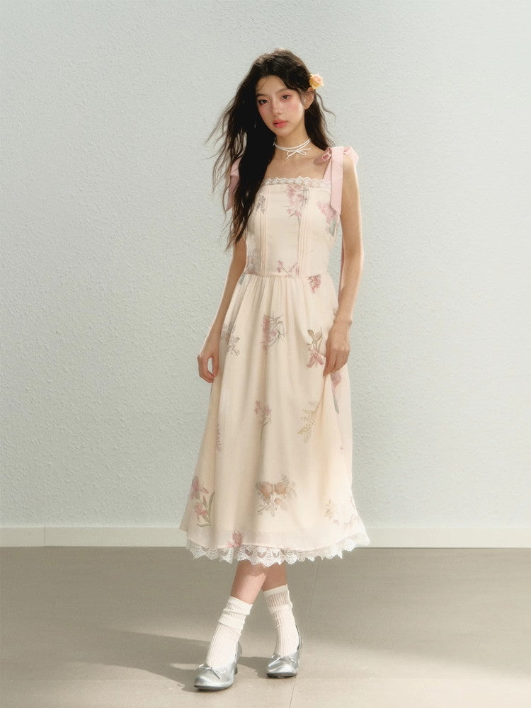 Shoulder-Ribbon Long Flower Lace Feminine Dress