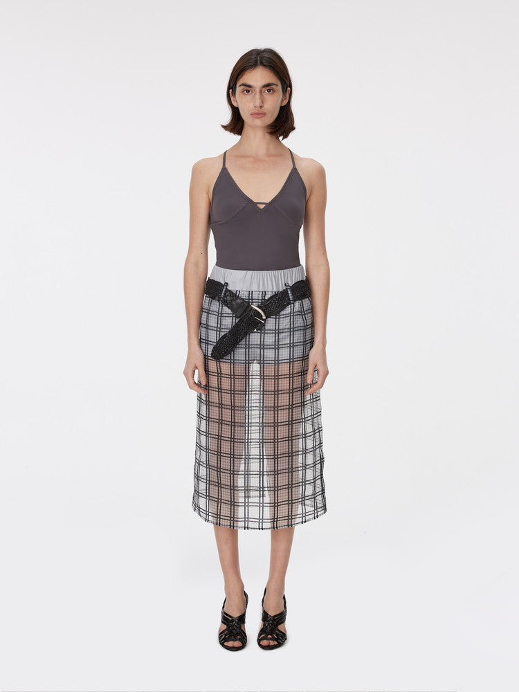 Checked See-Through Layered Elastic-Waist Back-Slit Long-Skirt