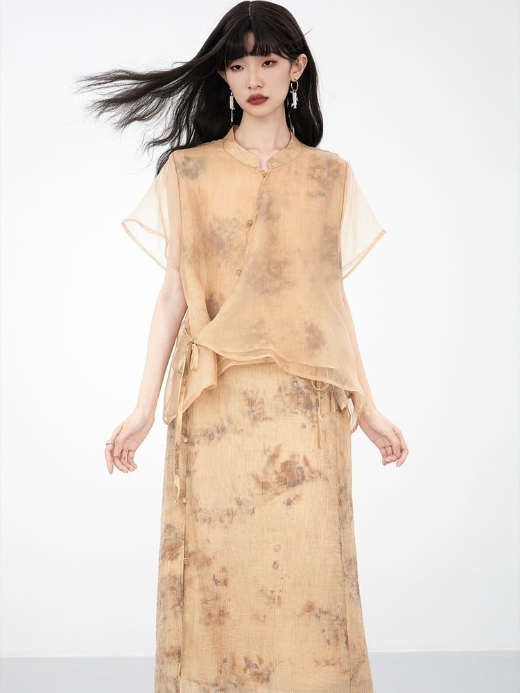 Sheer Flower Retro Natural Blouse＆Long-Skirt