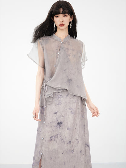 Sheer Flower Retro Natural Blouse &amp; Long-Skirt