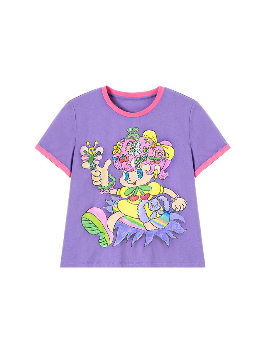 Girl Three-Dimensional Crew-Neck Comic Fancy T-Shirt