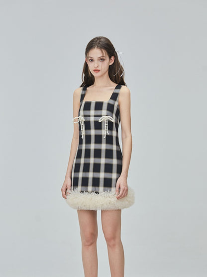 Beads-Ribbon Checked Tulle Fur Tight One-piece