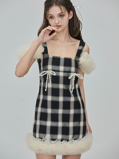 Beads-Ribbon Checked Tulle Fur Tight One-piece