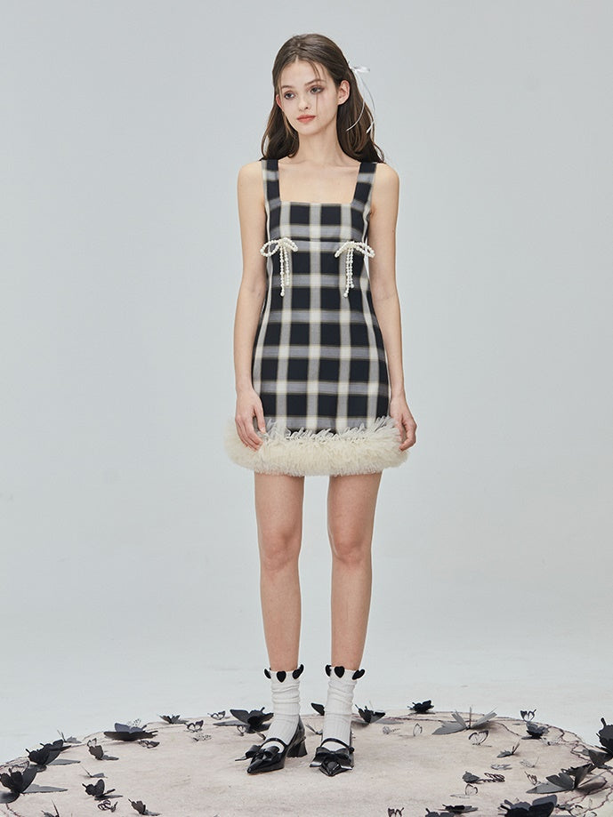 Beads-Ribbon Checked Tulle Fur Tight One-piece