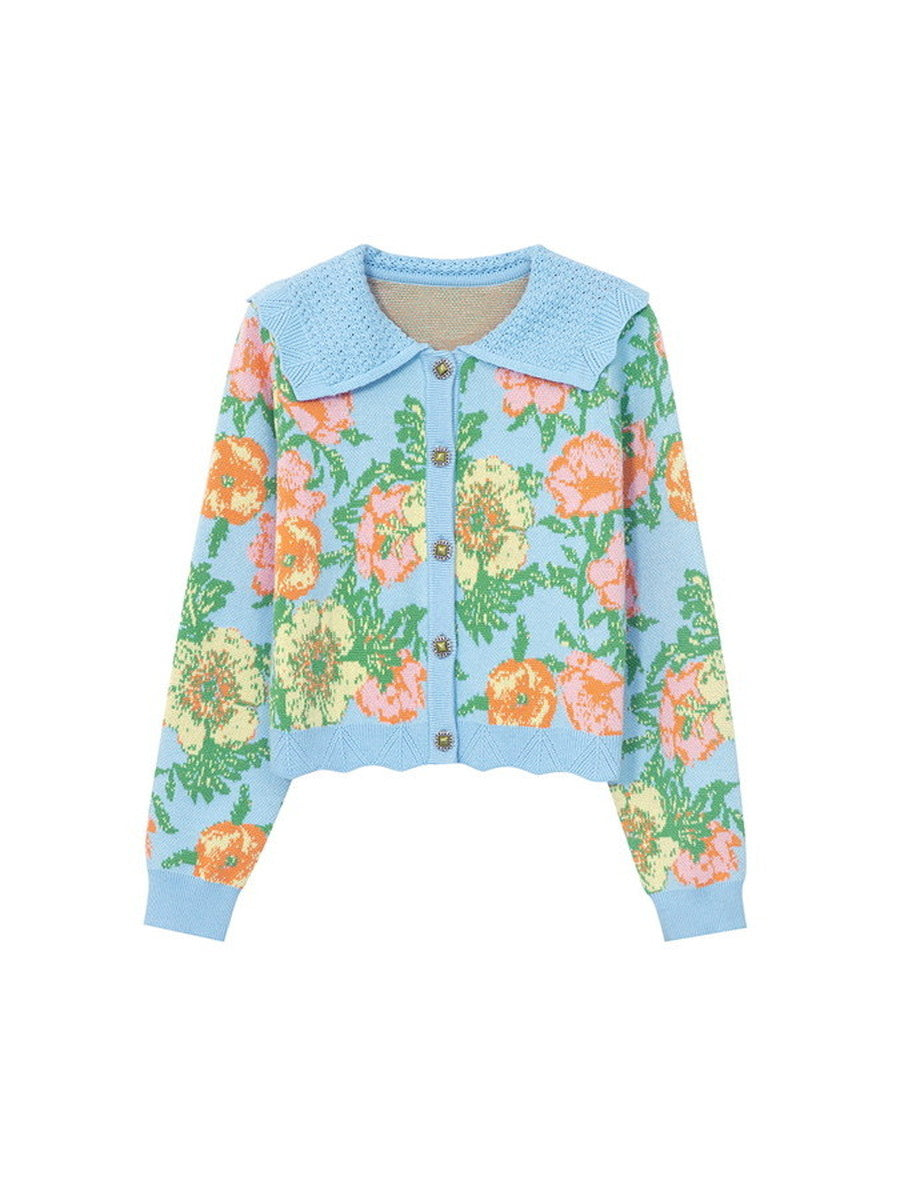 Flower Reto Big-Collar Fancy Cardigan Knit