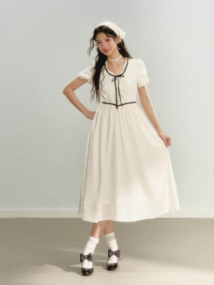 Girly Dot Lace Long Retro Ribbon Dress