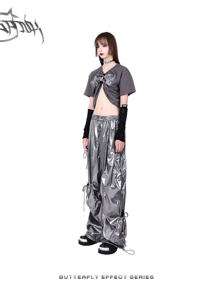 Glossy Metallic Drawstring Vasual Wide-Pants