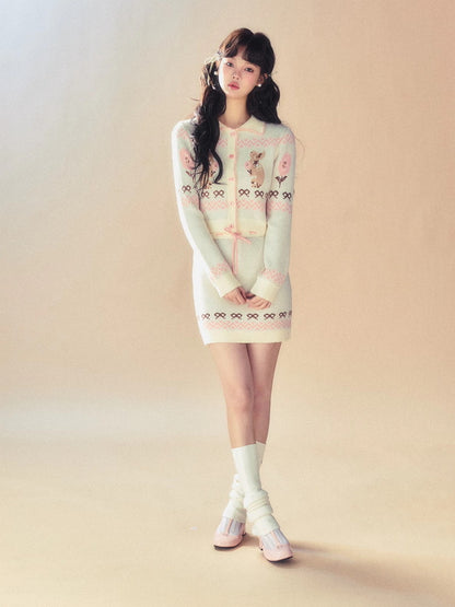 Set-Up Knit Retro Rabbit Ribbon Cardigan＆Mini-Skirt