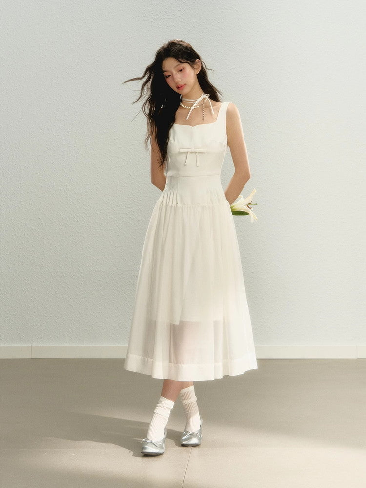 Long No-Sleeve Sheer Ribbon Pleats Slim Dress