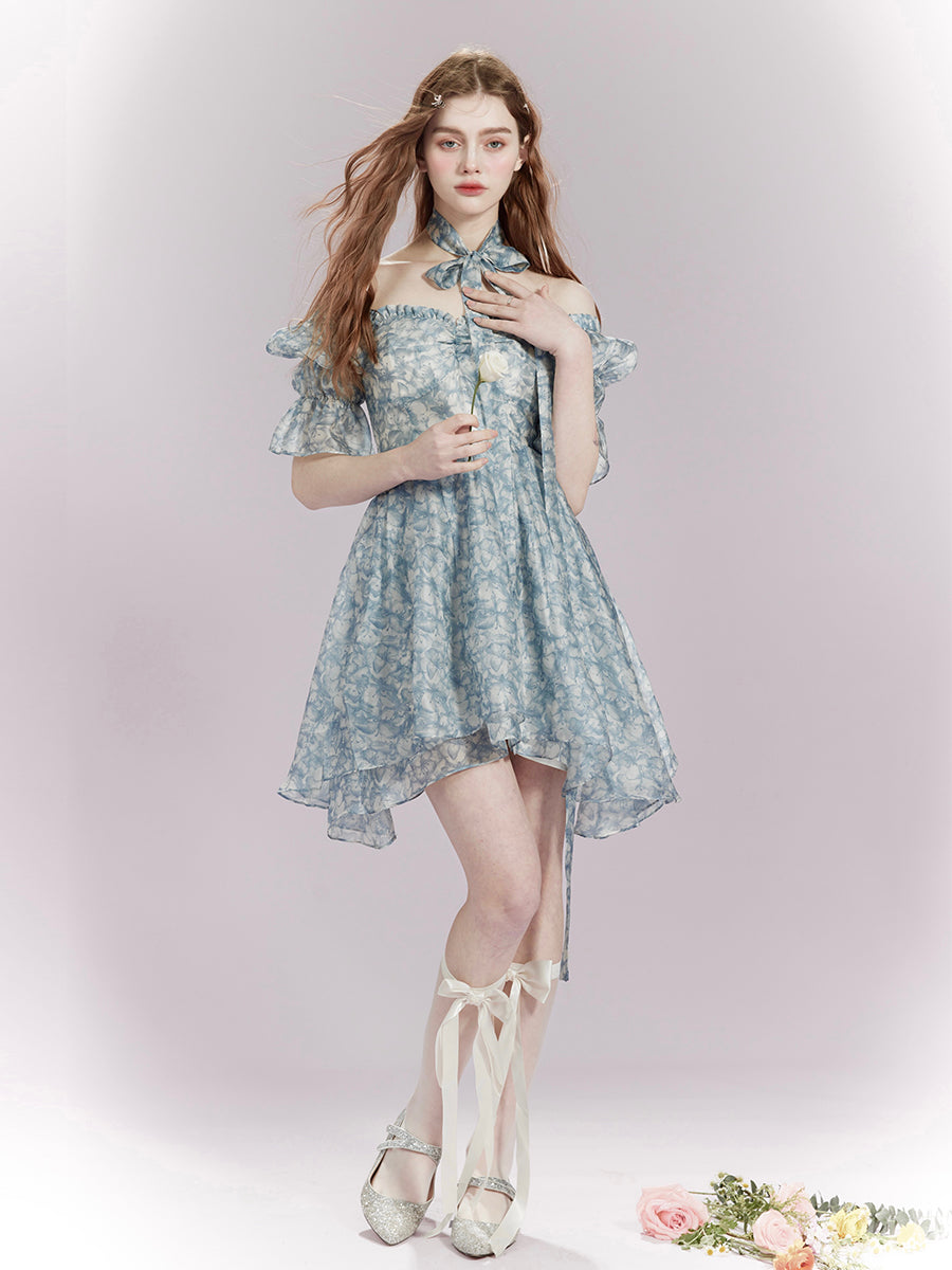 Ciffon Flower Asymmetry Frill Feminine One-Piece