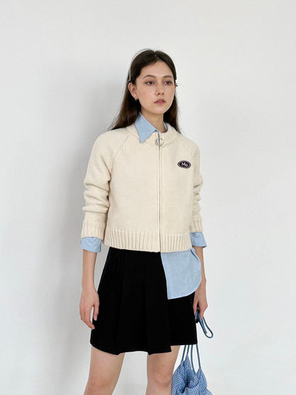 Zip No-Collar Patch Short Knit