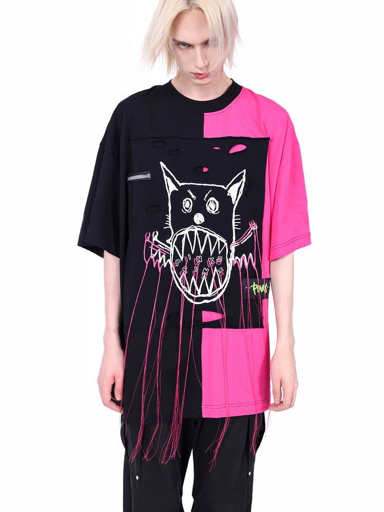 Unisex Half Bi-Color Casual Cat-Devil Vivid T-Shirt