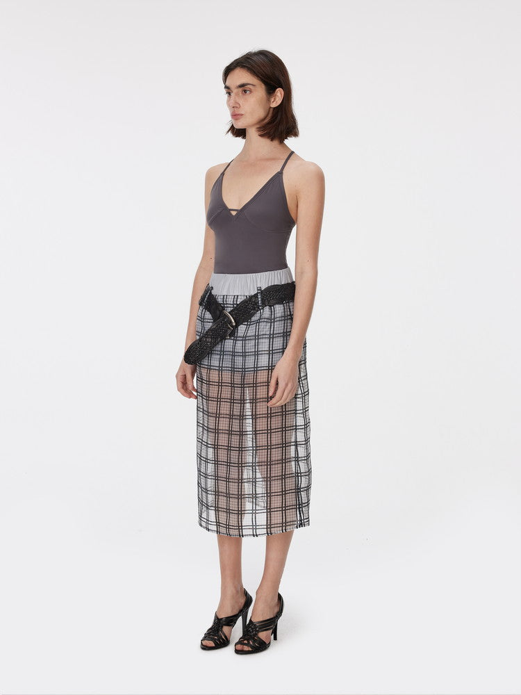 Checked See-Through Layered Elastic-Waist Back-Slit Long-Skirt