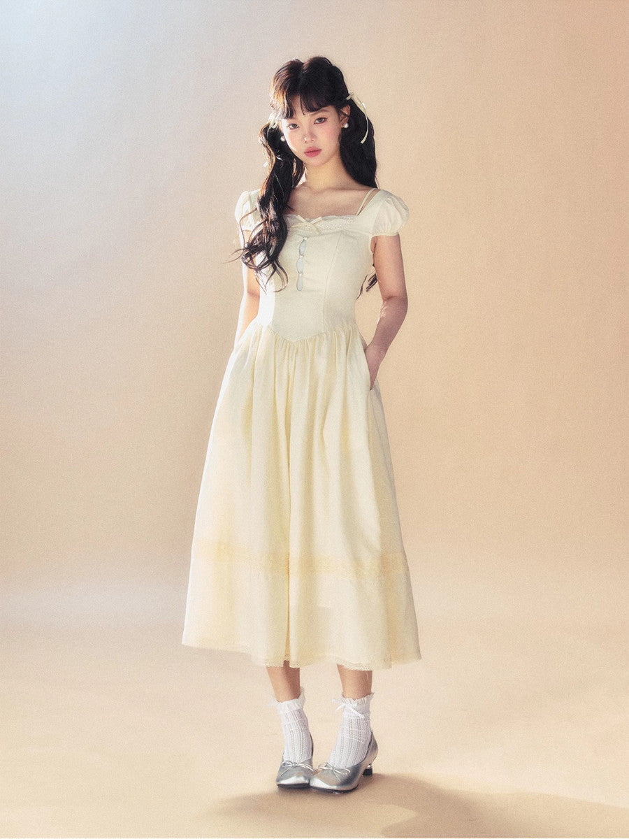 Girly Square-Neck Puff-Sleeve Flare Sweet Ribbon Princess One-Piece