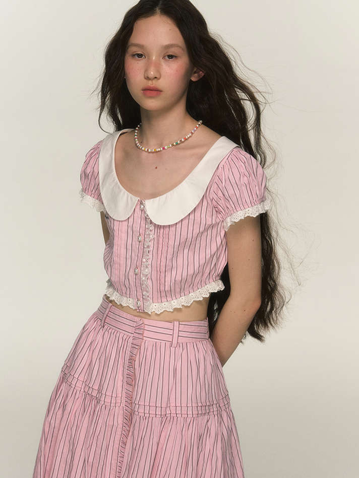 Stripe Lace Retro Girly Blouse &amp; Skirt