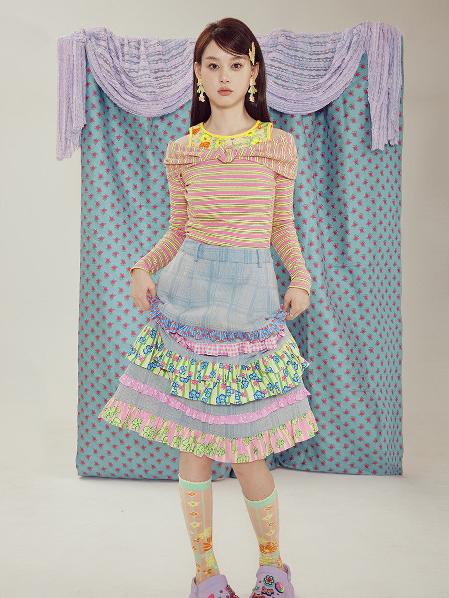 Denim Tiered Flower Checked Frill Fancy Skirt