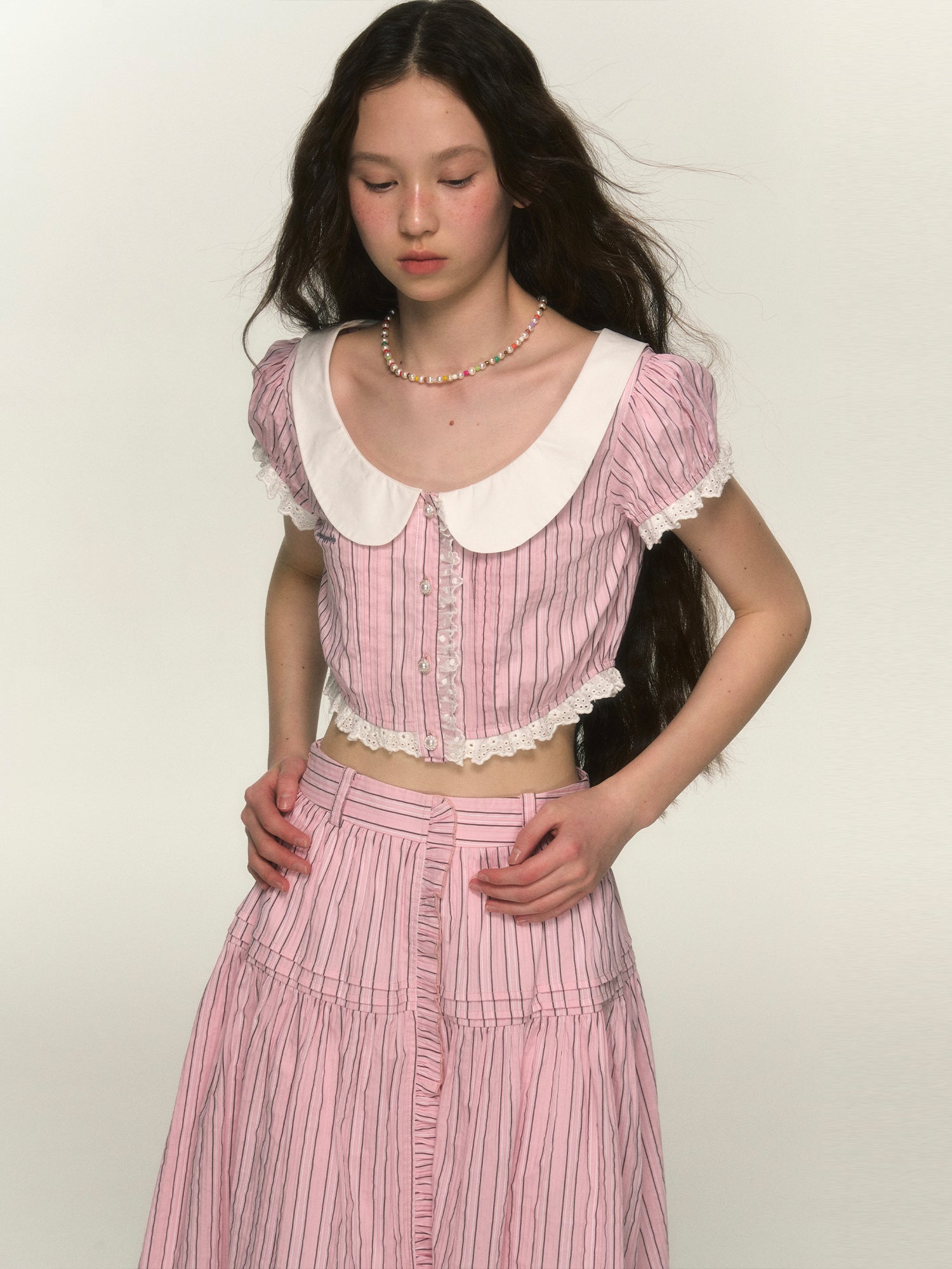 Stripe Lace Retro Girly Blouse＆Skirt