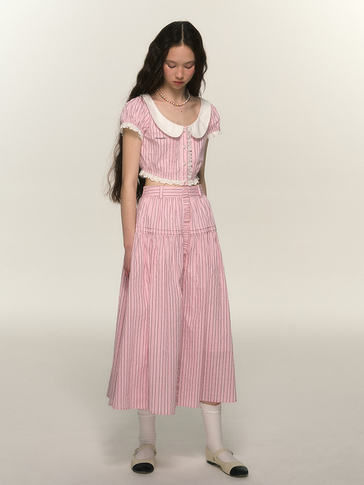 Stripe Lace Retro Girly Blouse＆Skirt