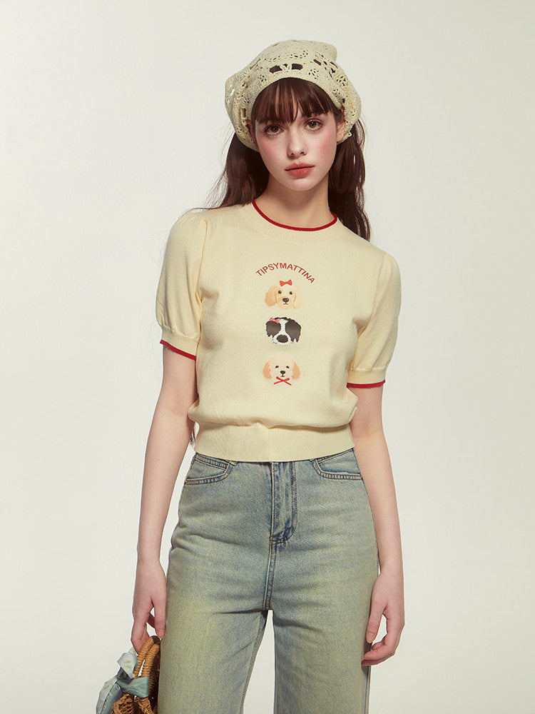 Dog Animal Cute Crew-Neck Retro Half-Sleeve Summer-Knit