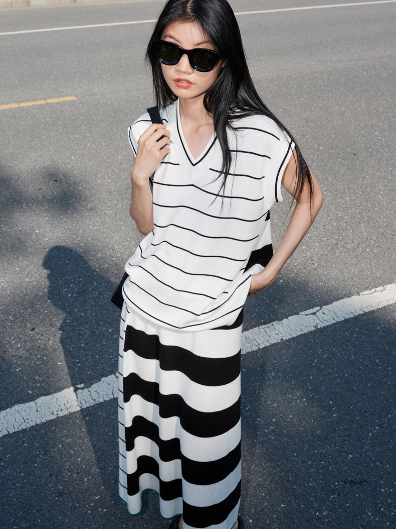 Cutsew &amp; Long-Skirt Smmer-Knit Border Marine 설정