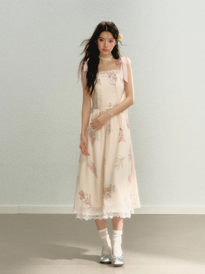 Shoulder-Ribbon Long Flower Lace Feminine Dress