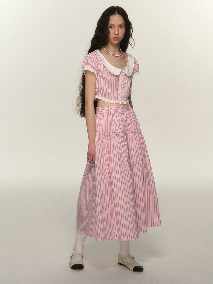 Stripe Lace Retro Girly Blouse＆Skirt