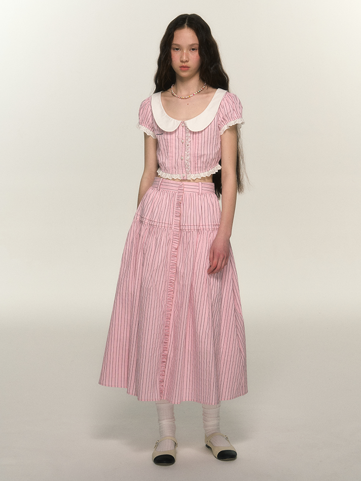 Stripe Lace Retro Girly Blouse＆Skirt