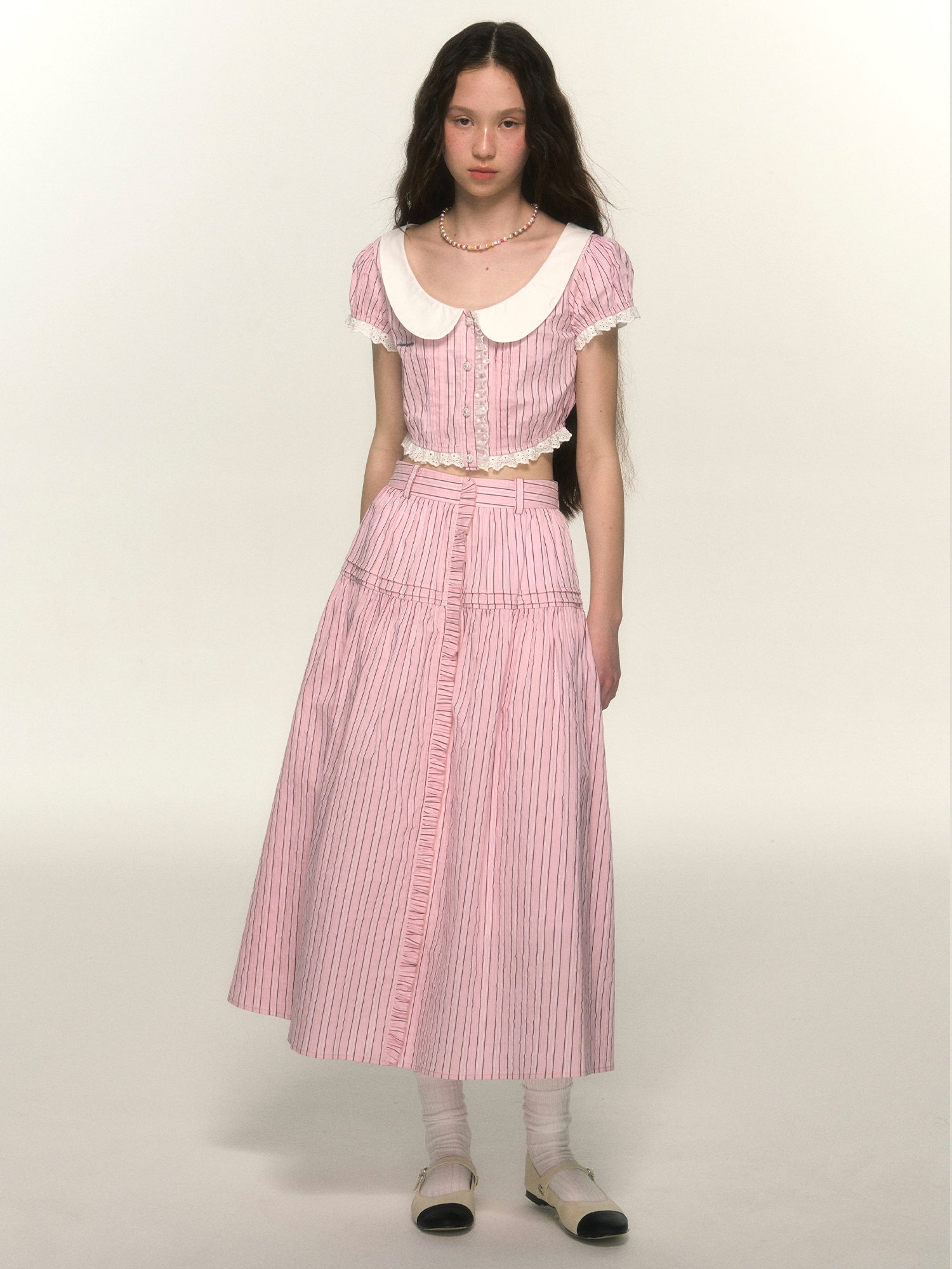 Stripe Lace Retro Girly Blouse &amp; Skirt