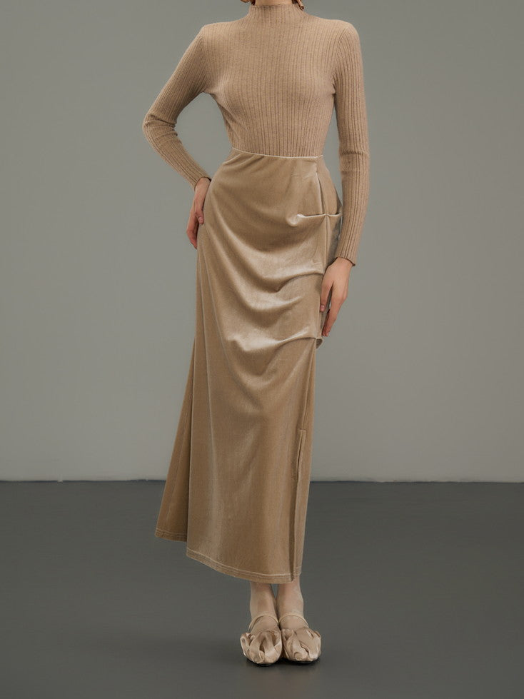 Samt Drape Flare Plain Chic Long-Touch