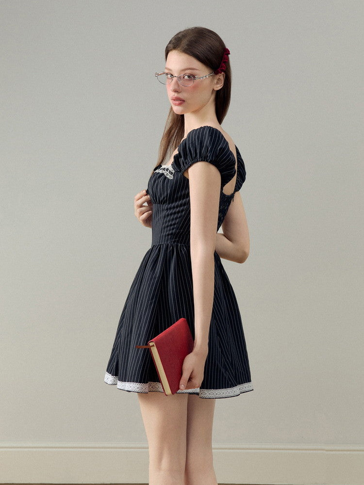 Stripe Square-Neck Puff-Sleeve Lace Girly Flare Dress