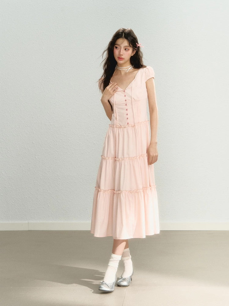 Tiered Ribbon Frill Giryl Long Dress