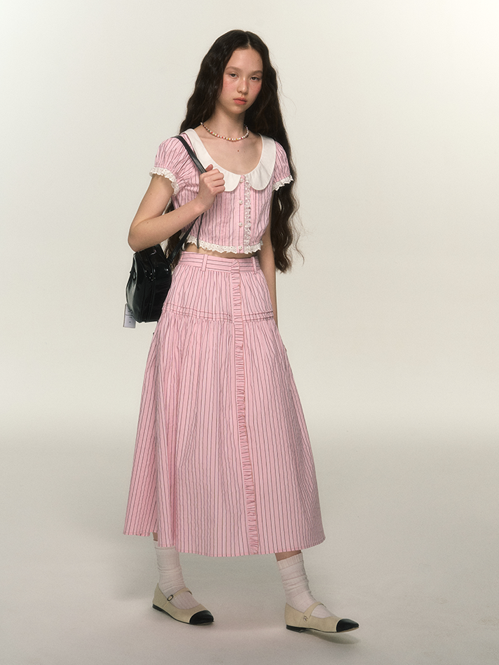 Stripe Lace Retro Girly Blouse &amp; Skirt