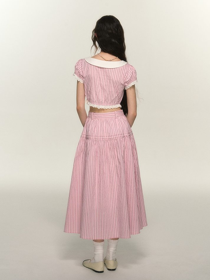 Stripe Lace Retro Girly Blouse &amp; Skirt