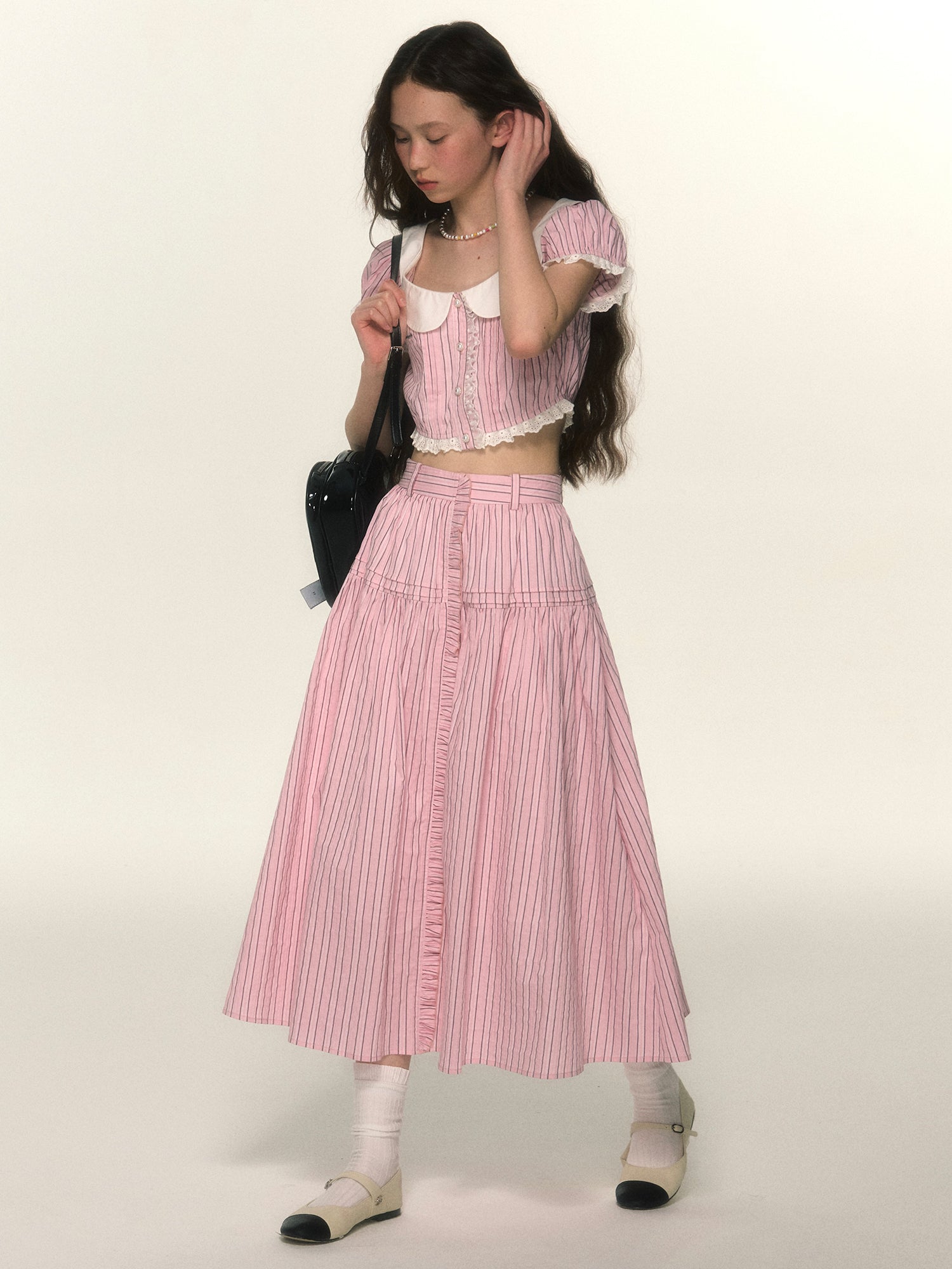 Stripe Lace Retro Girly Blouse &amp; Skirt