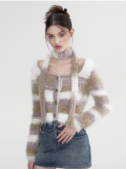 Border Retro Fluffily Slim-Tie Mohair-Knit