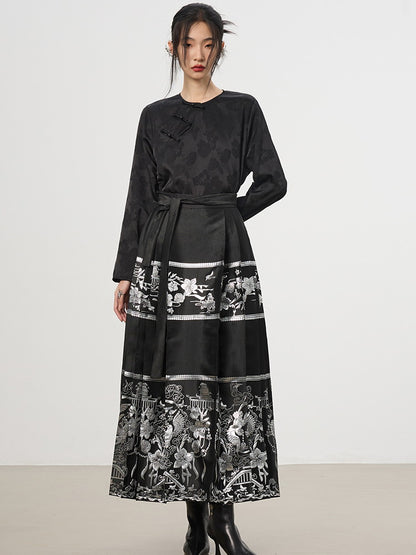 China Set-Up Ethnic Embroidery Flower Metallic Nichi Blouse＆Long-Skirt