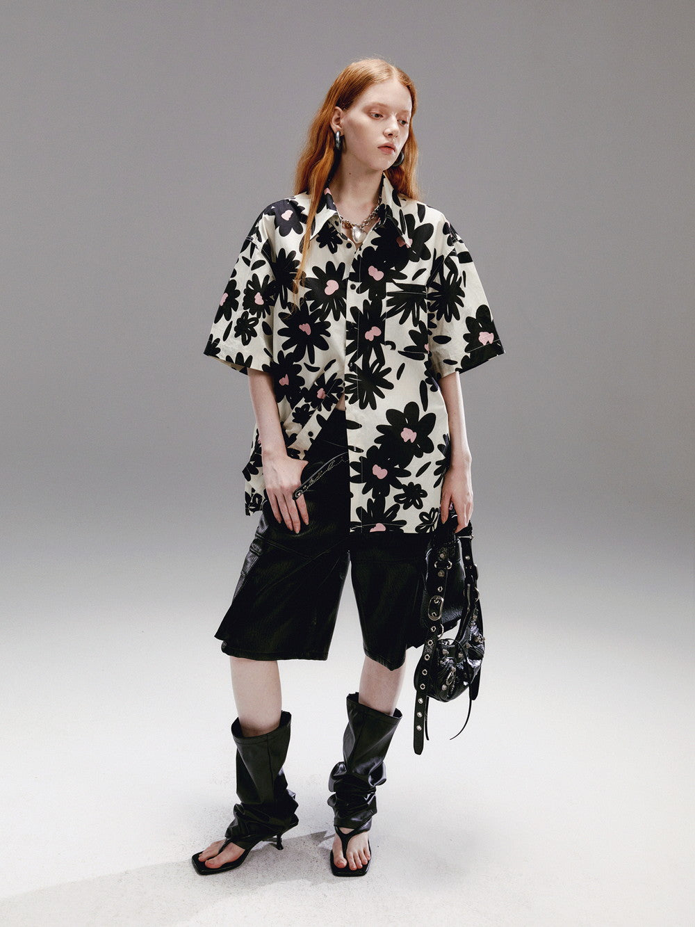 Unisexe Flower Monochrome Retro Oversize Oversize Shirt