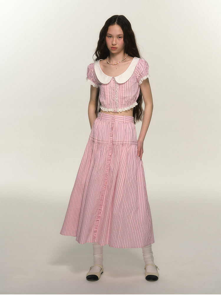 Stripe Lace Retro Girly Blouse &amp; Skirt