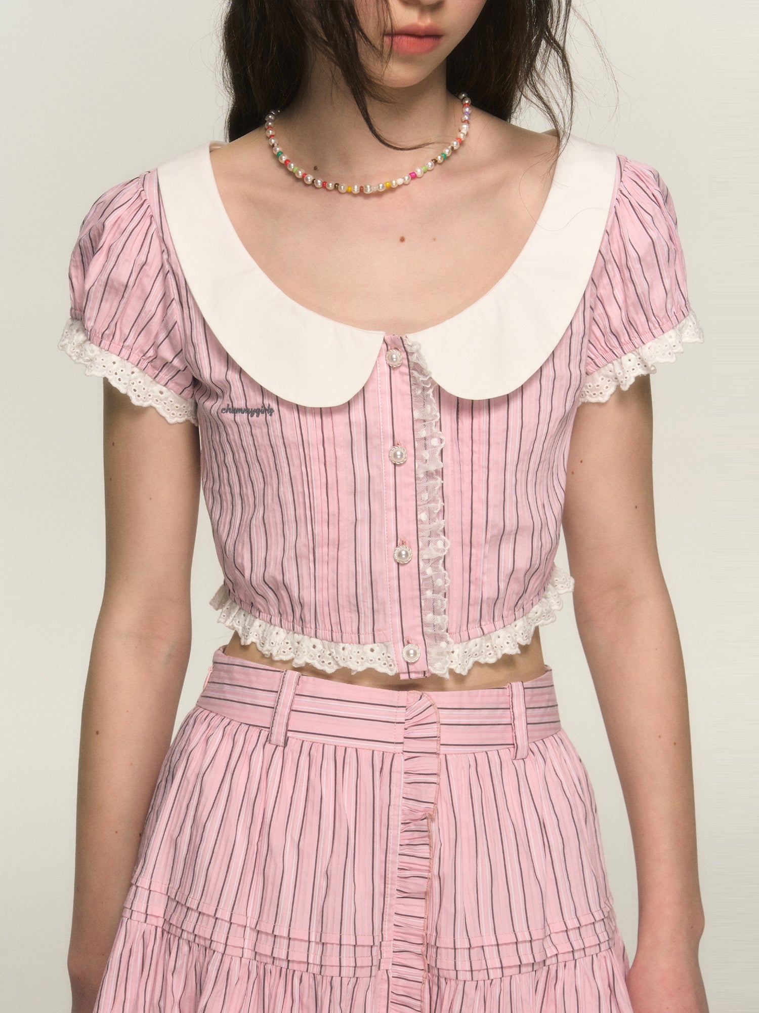 Stripe Lace Retro Girly Blouse＆Skirt