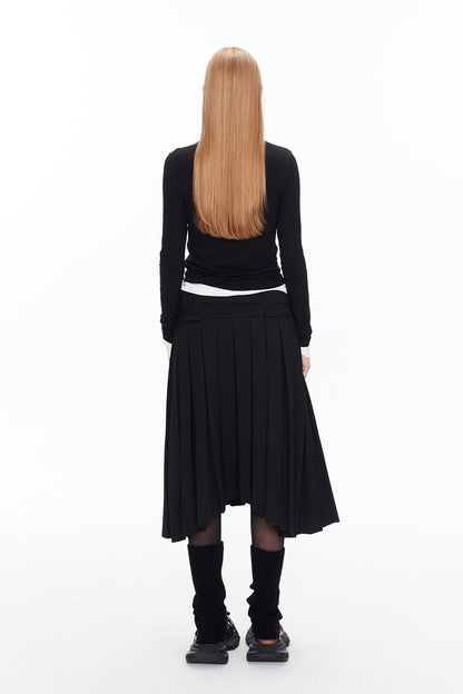 Pleats Asymmetry Belt Long-Skirt