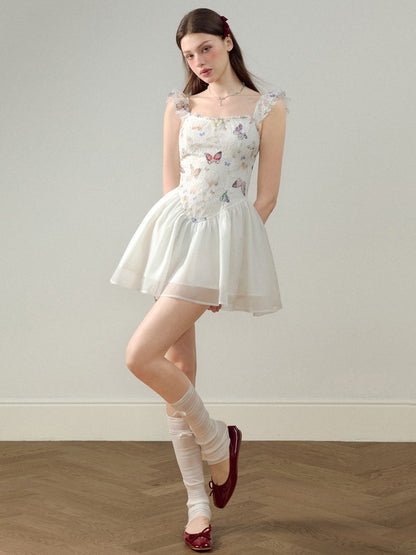 Embroidery Butterfly Lace Ribbon Ciffon Ceminine Fluffily Short Dress