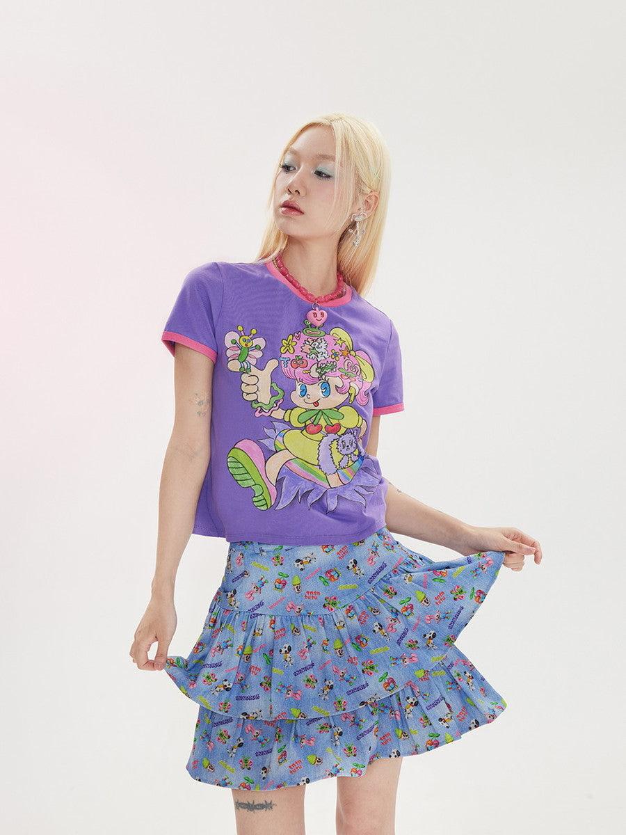 Girl Three-Dimensional Crew-Neck Comic Fancy T-Shirt