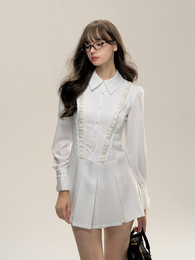 Shirt Frill Lace Ribbon Box-Pleats Dress