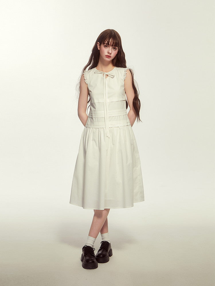 Frill Retro No-Sleeve Girly Ribbon Crease Dress