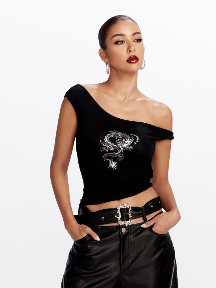 Asymmetry Tight Dragon Short One-Shoulder Tops