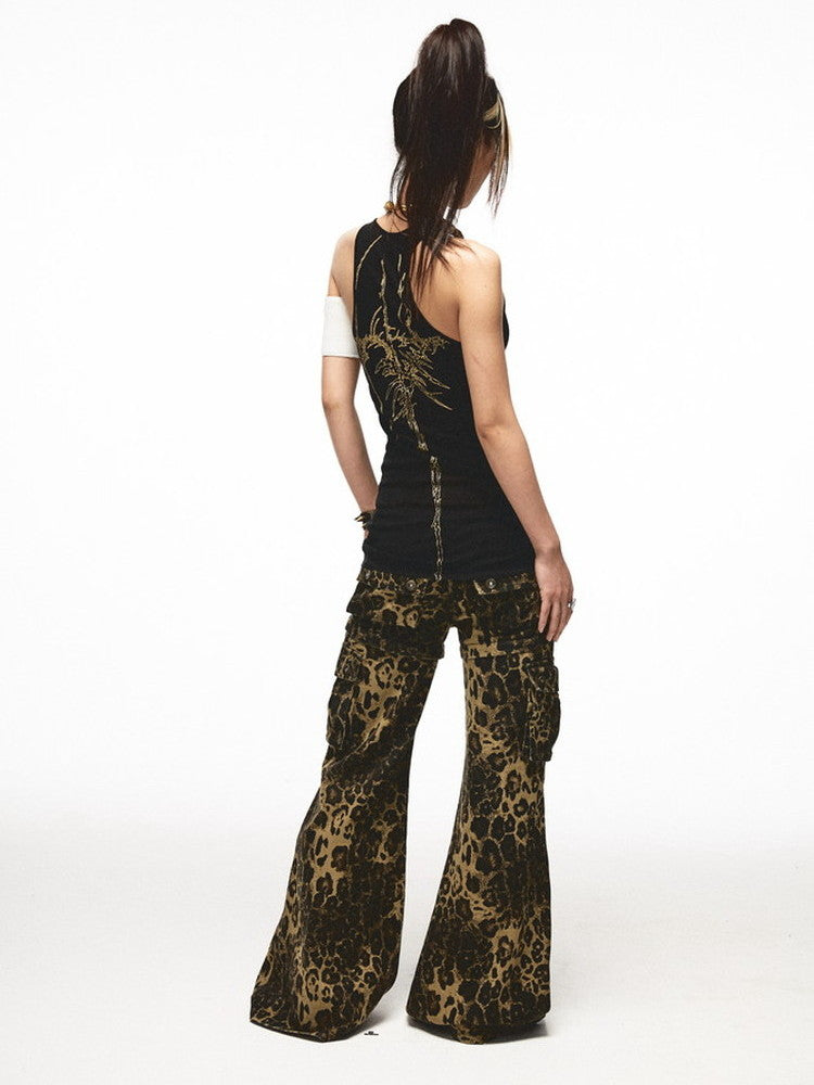 2Way Leopard Cool Animal Denim Short--Pants Flare-Pants